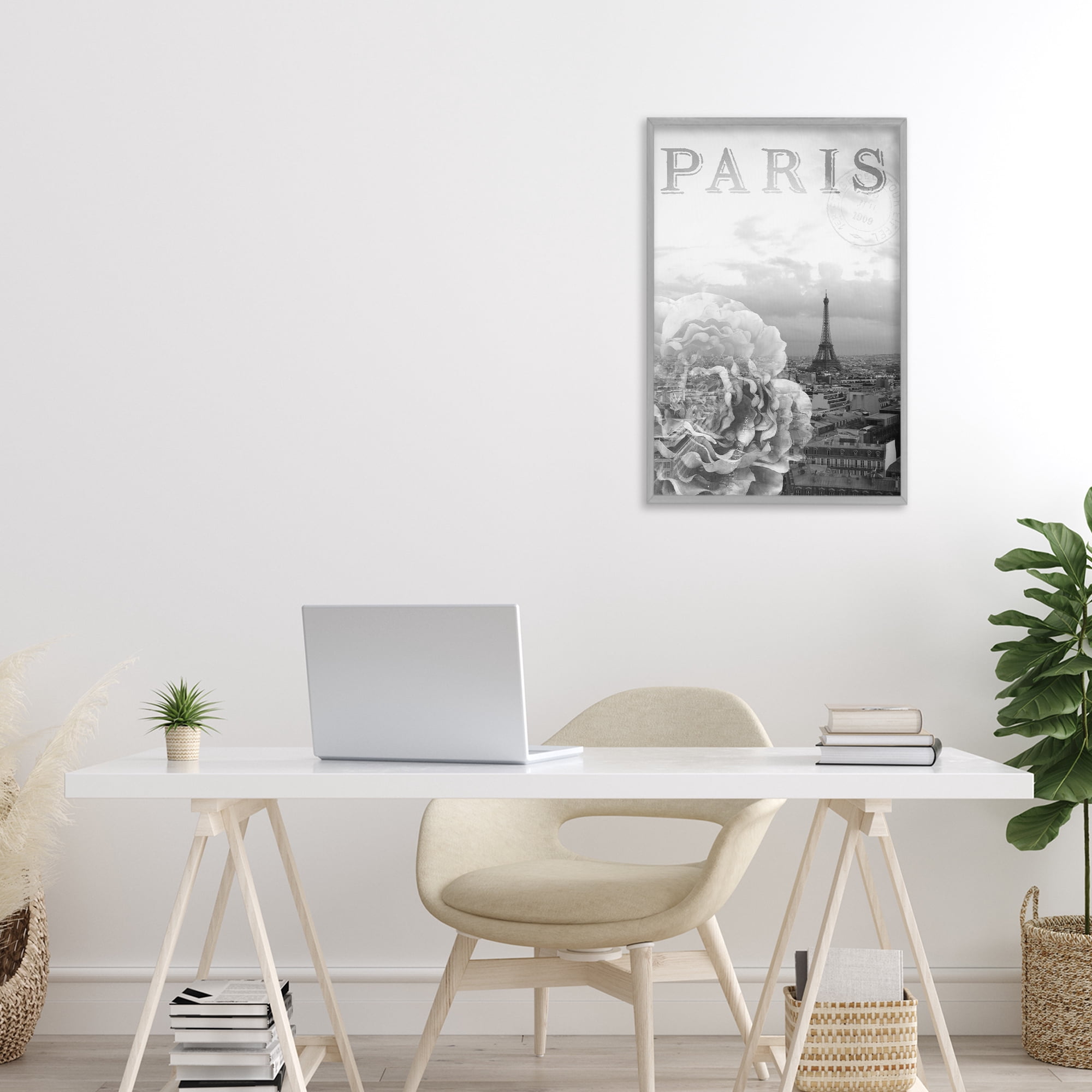 Stupell Industries Paris Postcard in Monochrome Gray Framed Giclee Art, design by Emily Navas