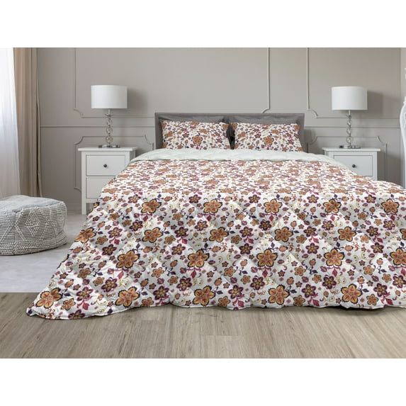 Floral Comforter & Sham Bedding Set, Blossoming Flowers Pattern in Vibrant Colors Ornamental Design Print, 3 pcs Duvet Set Microfiber Filling Quilt, 5 Sizes, Yellow Purple Magenta, by Ambesonne