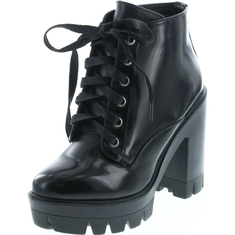BAMBOO Jonas 02 Women Lace Up Chunky Heel Lug Sole Platform Combat Ankle Bootie Black Box PU 7.5