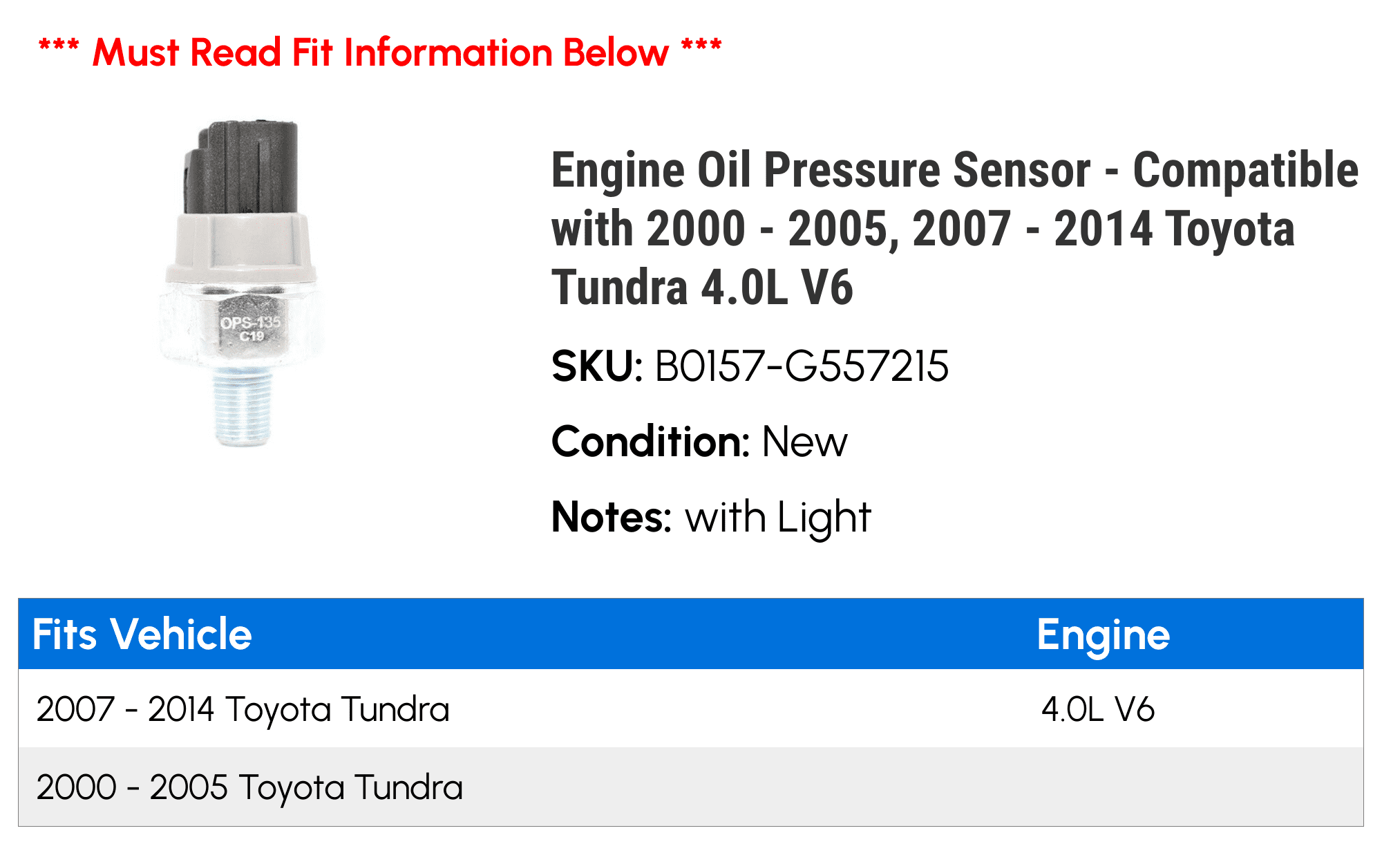 Engine Oil Pressure Sensor - Compatible with 2000 - 2005, 2007 - 2014 Toyota Tundra 4.0L V6 2001 2002 2003 2004 2008 2009 2010 2011 2012 2013