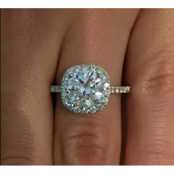 3Ct Round Lab Created Diamond 14k White Gold Plated Silver Halo Engagement Ring