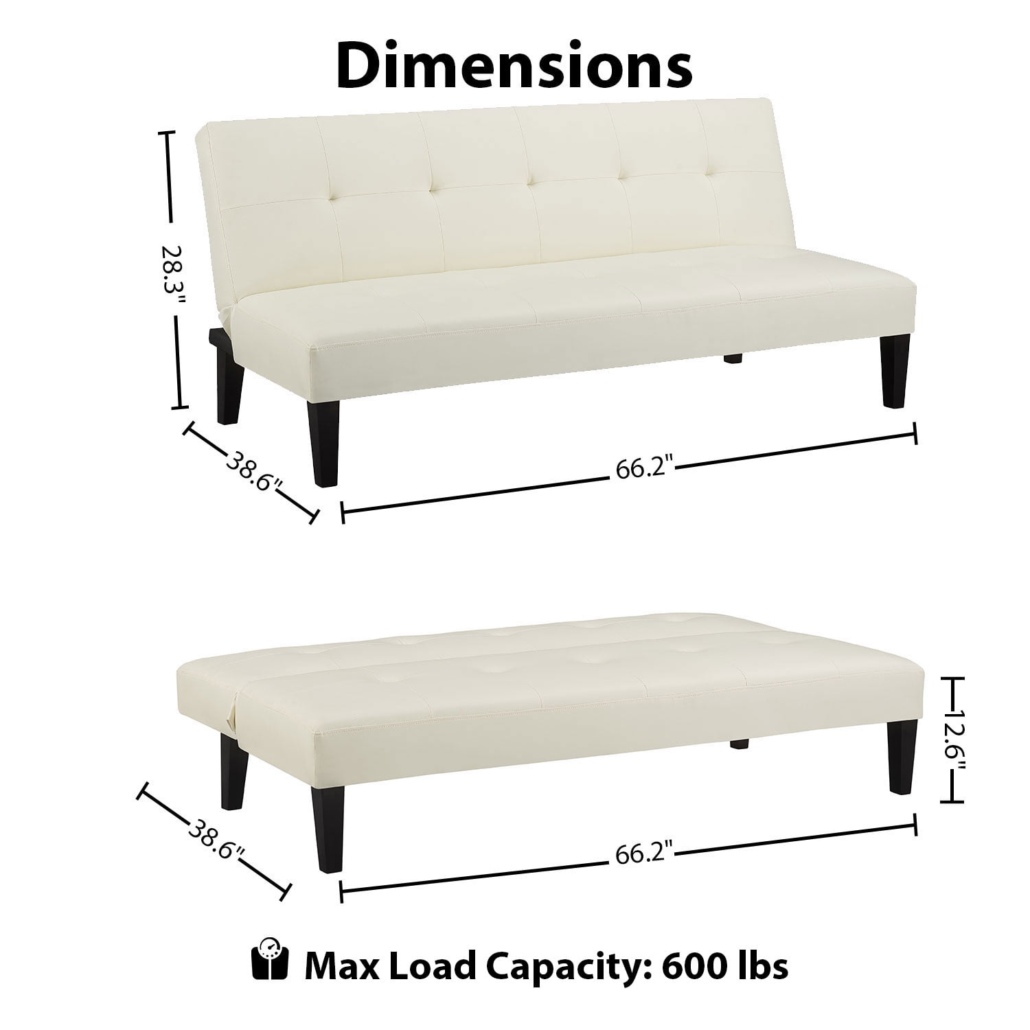 Button Tufted Futon Sofa Bed, Faux Leather Futon Couch, Modern Convertible Folding Sofa Bed Couch with Wooden Legs White