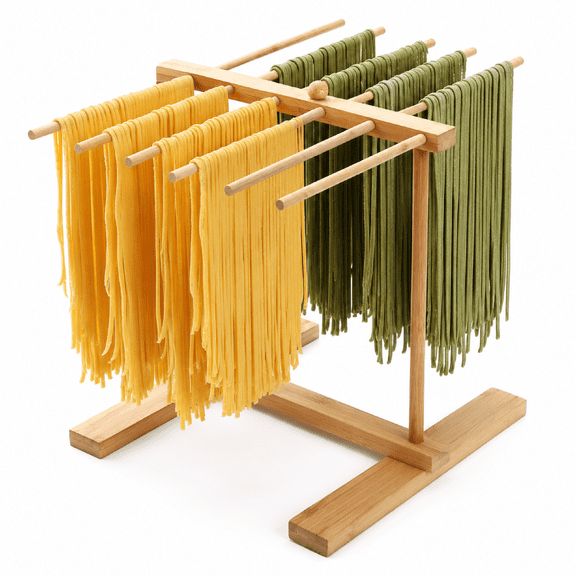 12 Bar Bamboo Pasta Drying Rack with Transfer Wand Collapsible Noodle Stand for Spaghetti Fettuccine Cooking