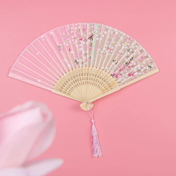 WHAMVOX Pink Simulated Silk Folding Fan with Tassel for Party Decoration and Dance Performance 6 Inch
