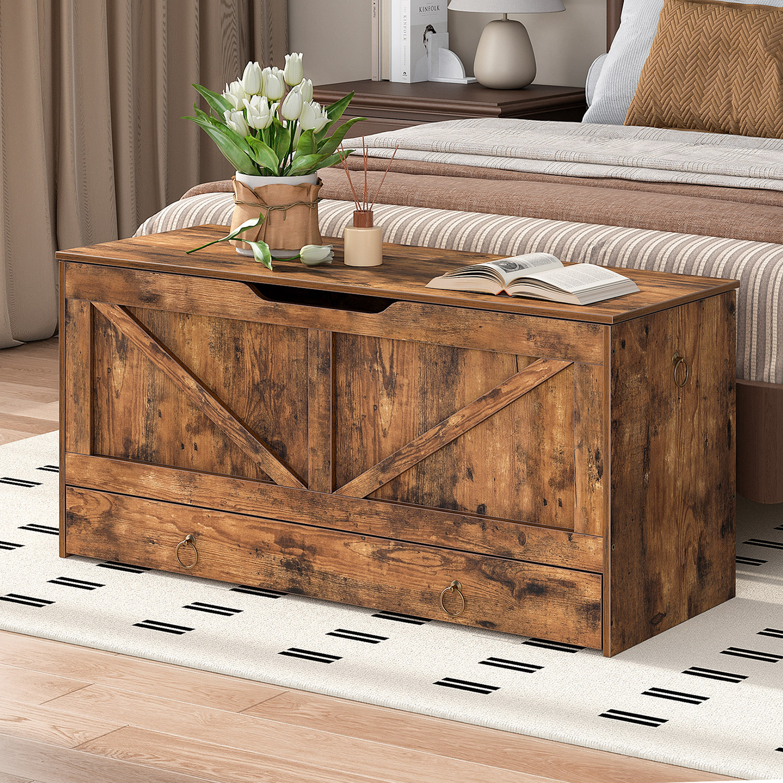 HOOBRO Storage Chest, 39.3" Toy Chest with Drawer, Wooden Storage Bench, Sturdy Entryway Bench Supports 220 lb, Shoe Bench, Safety Hinge, U-Shaped Opening, Easy Assembly, Rustic Brown FG710CW01G1