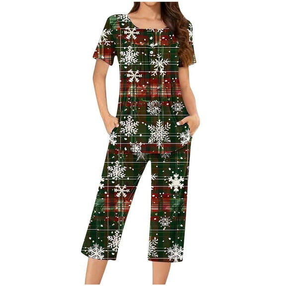 asdoklhq Womens Flannel Pajamas Sets Women's Fashionable and Casual Loose Christmas Printed Round Neck Short Sleeved Button Top Cropped Pants Pajamas Sleepwear Set Army Green 3X