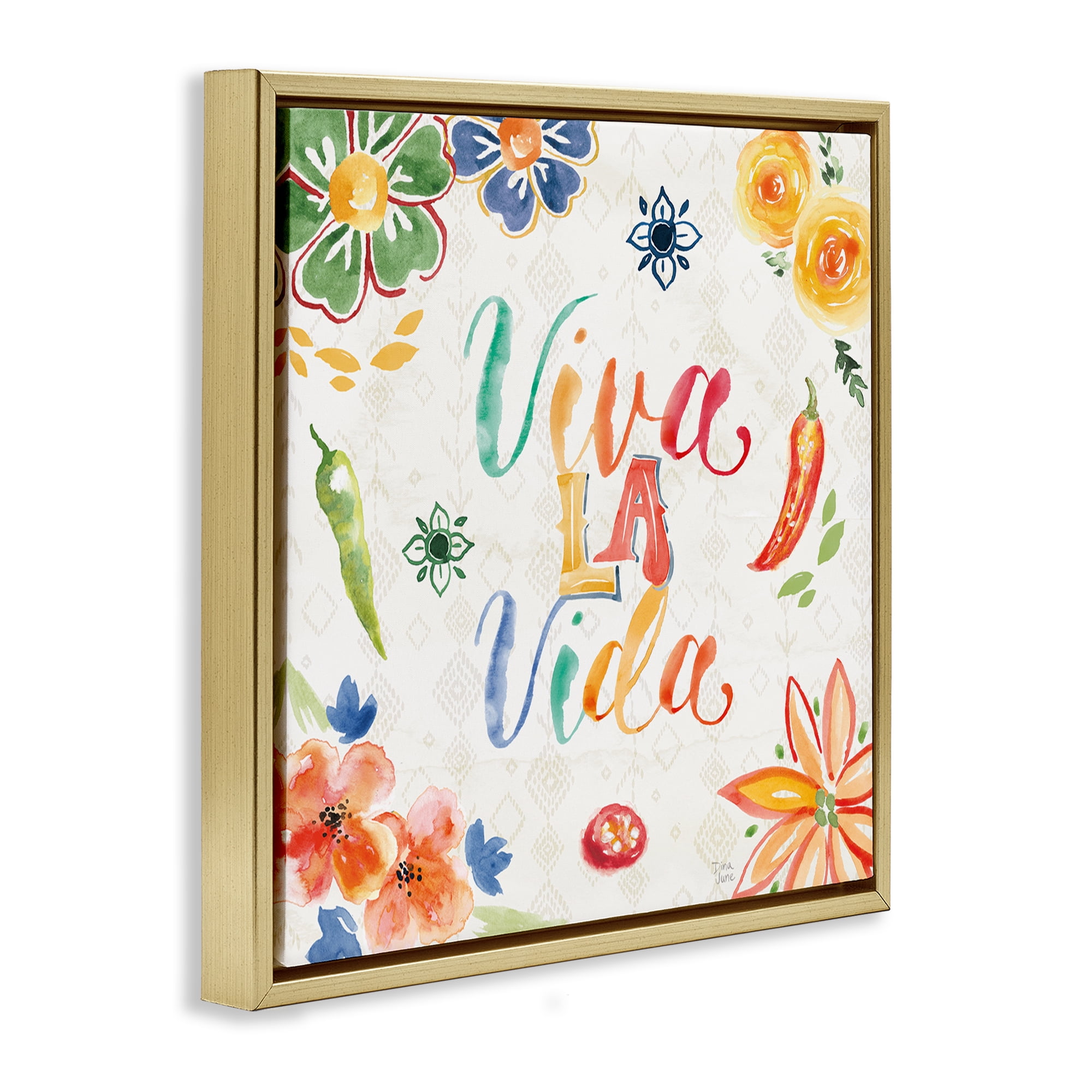 Stupell Industries Viva La Vida Celebración Inspirational Quotes & Sayings Painting Gold Floater Framed Art Print Wall Art, 18 x 18
