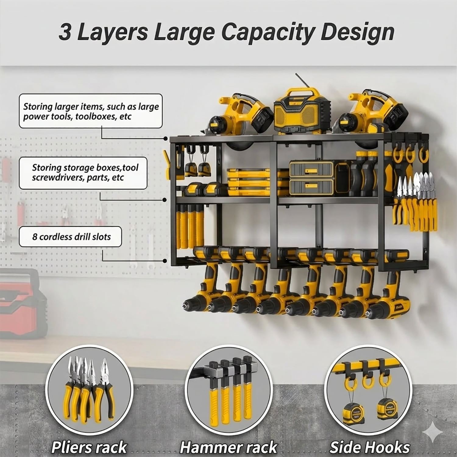 Birodeko Power Tool Organizer Wall Mount, 3-Layer Heavy Duty Garage Storage Rack with 8 Drill Holder Slots & Side Hooks (Black)