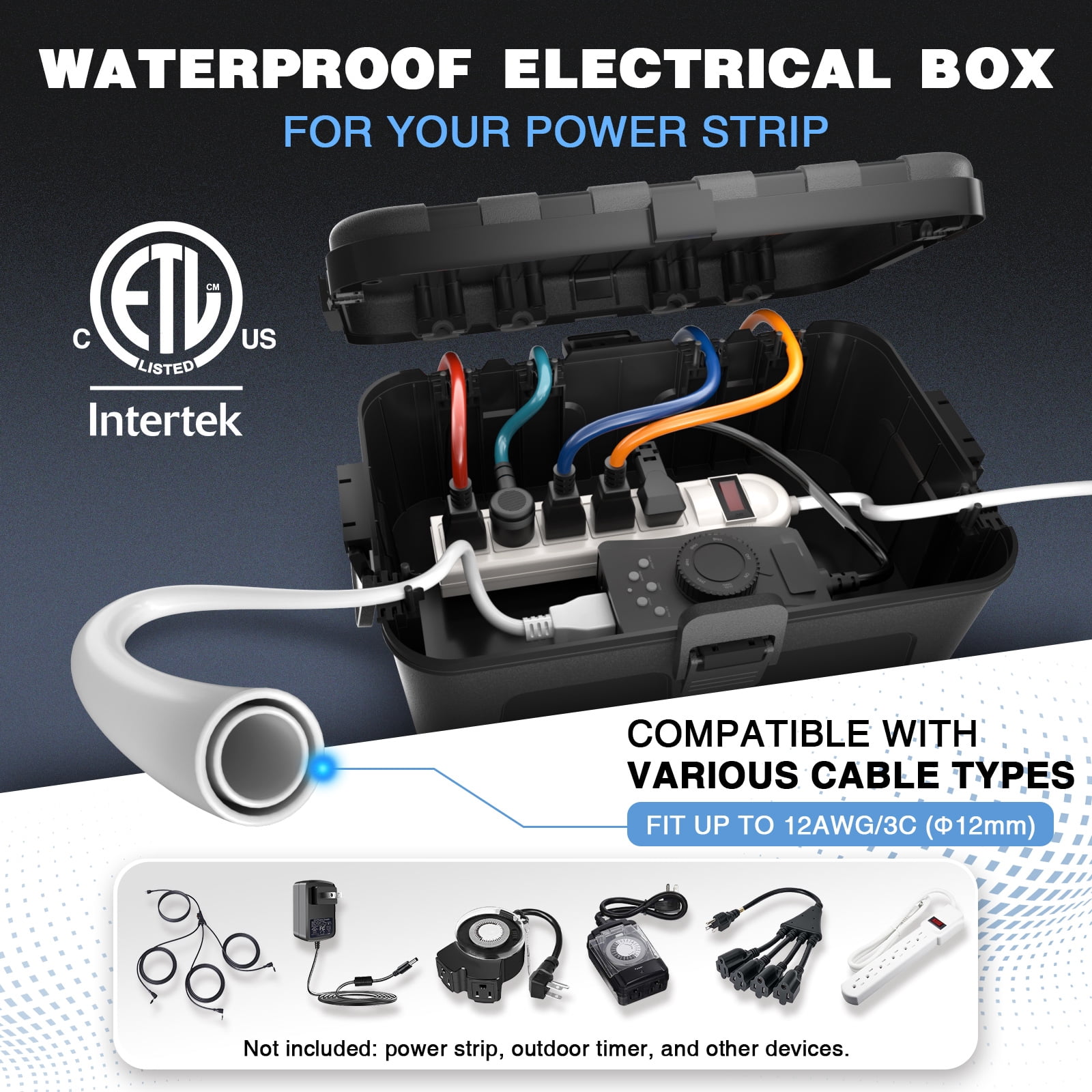 Restmo Extra Large Weatherproof Electrical Box, IP54 Waterproof Outdoor Extension Lead Cover, Protect Outlet, Plug, Socket, Timer, Power Strip, Holiday Light Decoration, Black