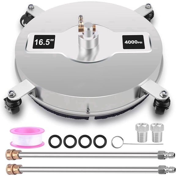 16.5 Inch Pressure Washer Surface Cleaner, 4000 PSI Stainless Steel Surface Cleaner with 4 Wheels & 2 Replacement Nozzles for Concrete Driveway Patio