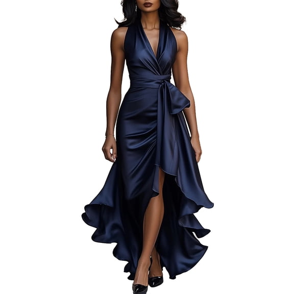 Quixlent Women Ruffle Satin High Low Prom Dress Sleeveless V Neck Halter Tie Waist Midi Dress Wedding Guest Party Cocktail Dress