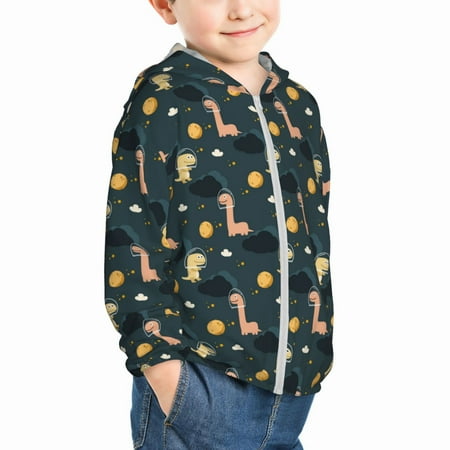 

Uemuo Dinosaur In The Space Pattern Rash Guard for Boys Girls Long Sleeve Swim Shirts UPF 50+ UV Sun Protection Hooded Fishing Shirt with Pocket for Kid-18 Months