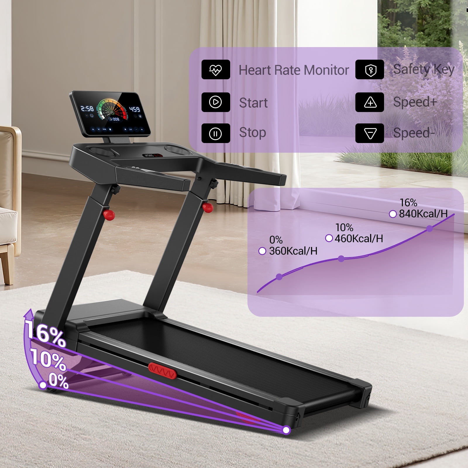 SONITU 16% Auto Incline Treadmill, Foldable with 3-Level Console, Quiet 3.5 HP Motor, 400 lbs Weight Capacity