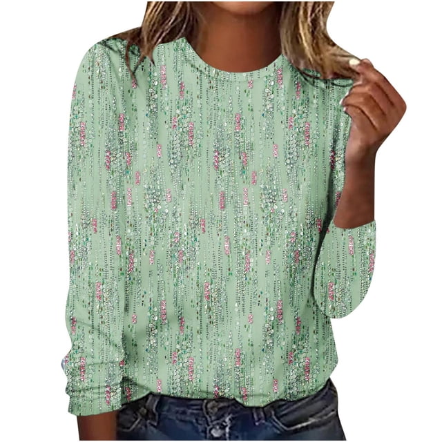 Staron Chemises à Manches Longues pour Femmes Mode d'Automne T-Shirts à Imprimé Floral Hauts Tendance Chic Décontracté Tunique à Col Rond à Porter avec des Leggings Blouse Fluide Cadeaux à Moins de 10 Dollars pour Femmes