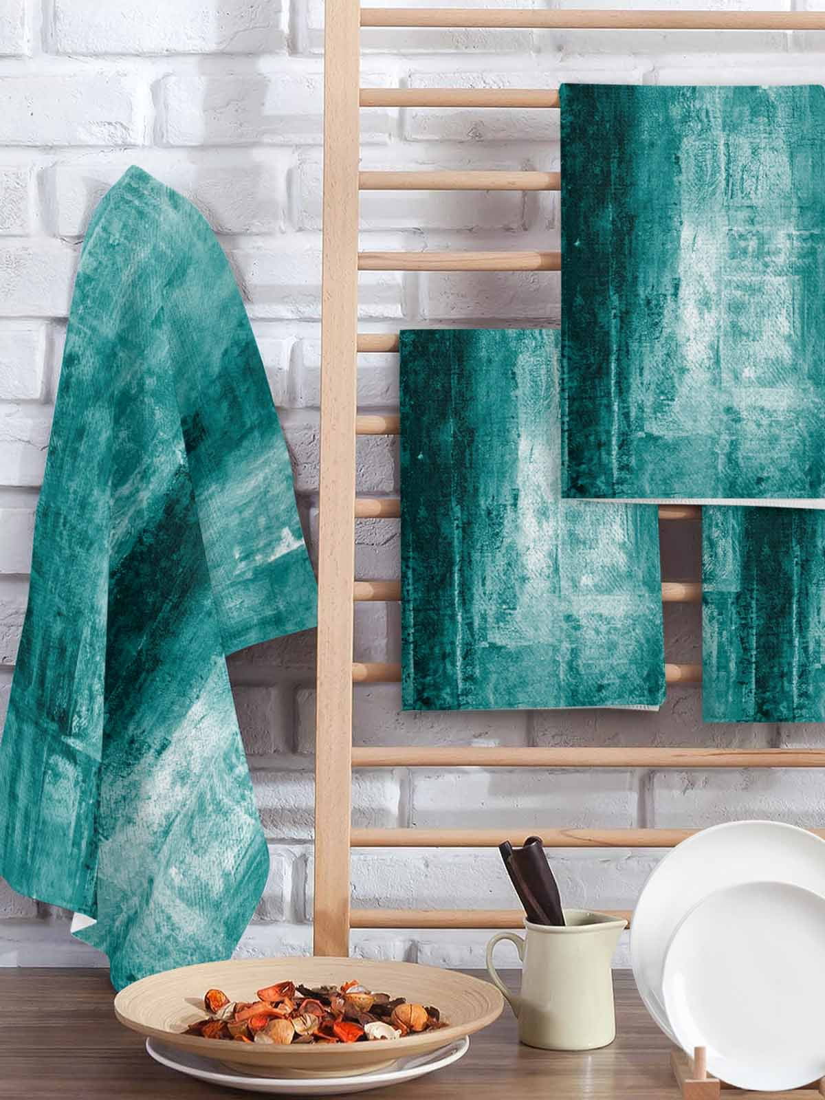 Teal Kitchen Dish Towels for Drying Dishes Set of 4, Retro Oil Painting Modern Abstract Art Aesthetics Waffle Weave Microfiber Hand Tea Bathroom Towels Quick Dry & Absorbent Towel 15.7x23.6