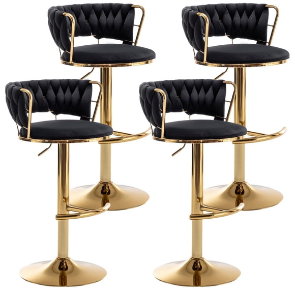 Juego de taburetes de bar Riknuxi Gold Velvet con respaldo bajo, 4 piezas, negro