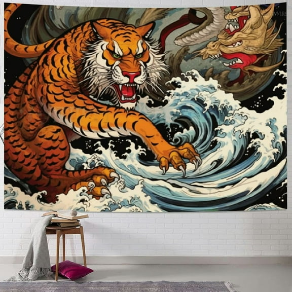 PRATYUS Japanese Dragon Tiger Tapestry, Asian Yin Yang Symbol Tapestry Wall Hanging, Landscape with Waterfalls Mountains Bamboo Tapestry for Bedroom Living Room Dorm Decor 40x30inch