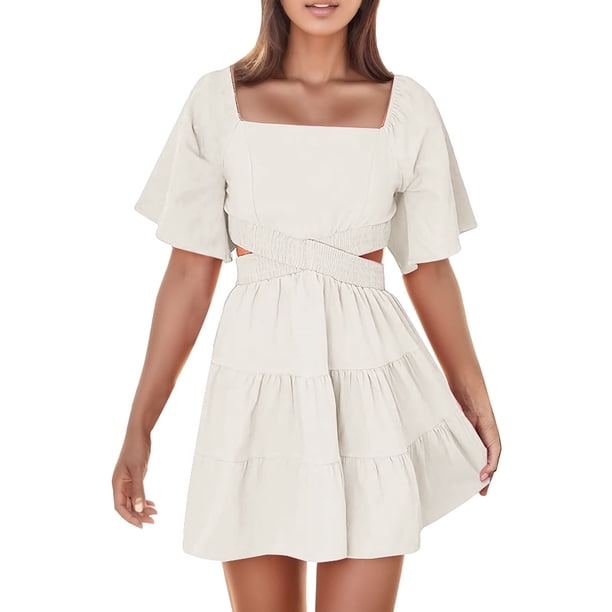 Vestido de mujer con cuello cuadrado y mangas acampanadas - Color liso, sin cintura, falda en capas, mangas cortas