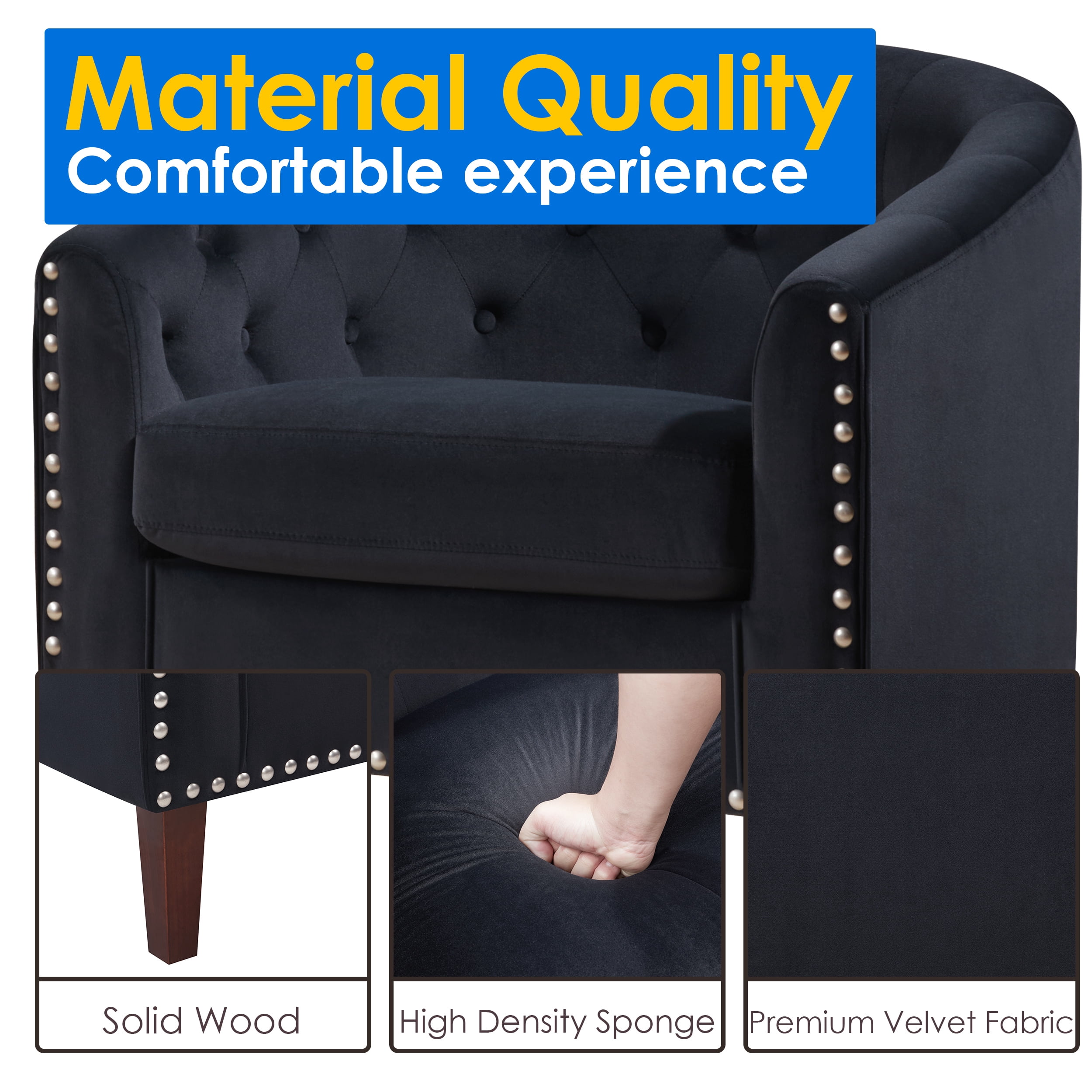 TrumanPick Accent Barrel Chair Velvet Upholstered Club Chair Nailhead Trim Armchair for Living Room, Black