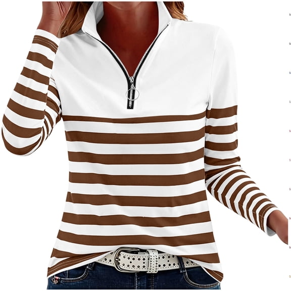 Womens Quarter Zip Sweatshirt Soft Stretch Striped Pullover Long Sleeve Stand Collar Golf Shirts Colorblock Workout Top for Fall Daily Wear, Brown, XL