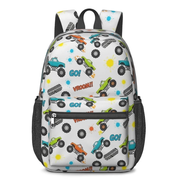 Monster Cartoon Truck Gray Pattern 17" Waterproof Oxford School Backpacks for Teens, S-Shape Padded Straps, for School, Travel, Hiking, Camping
