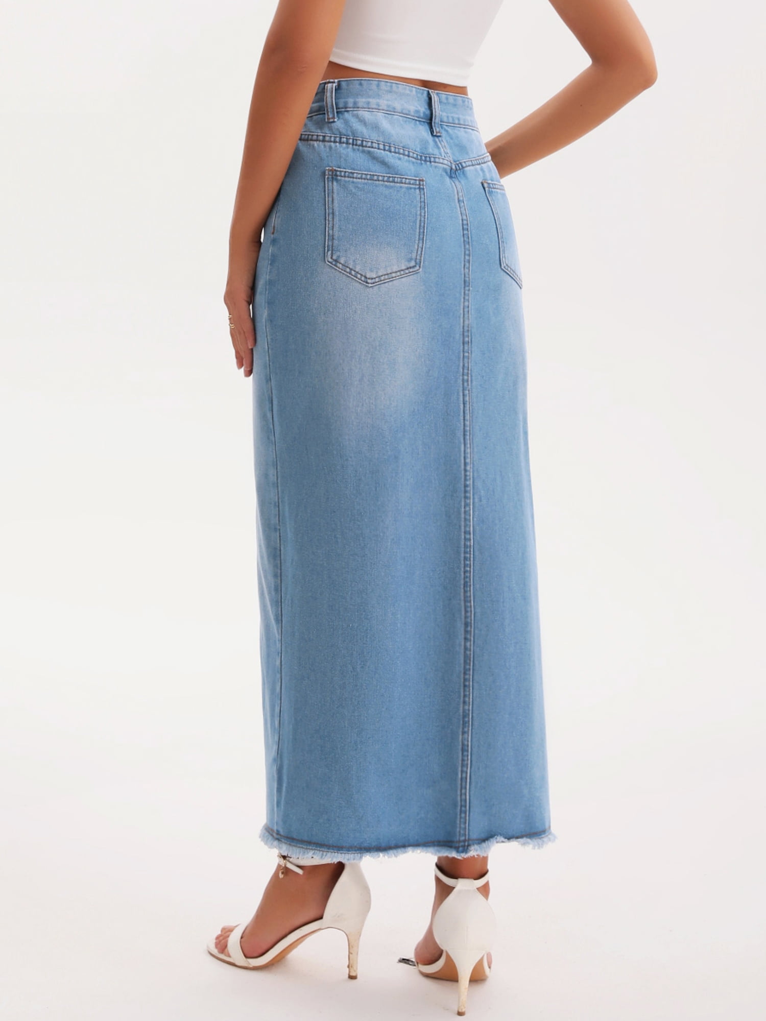 DARING DIVA Women's Denim Split Front Raw Hem Washed Maxi Jean Skirts Large Light Blue