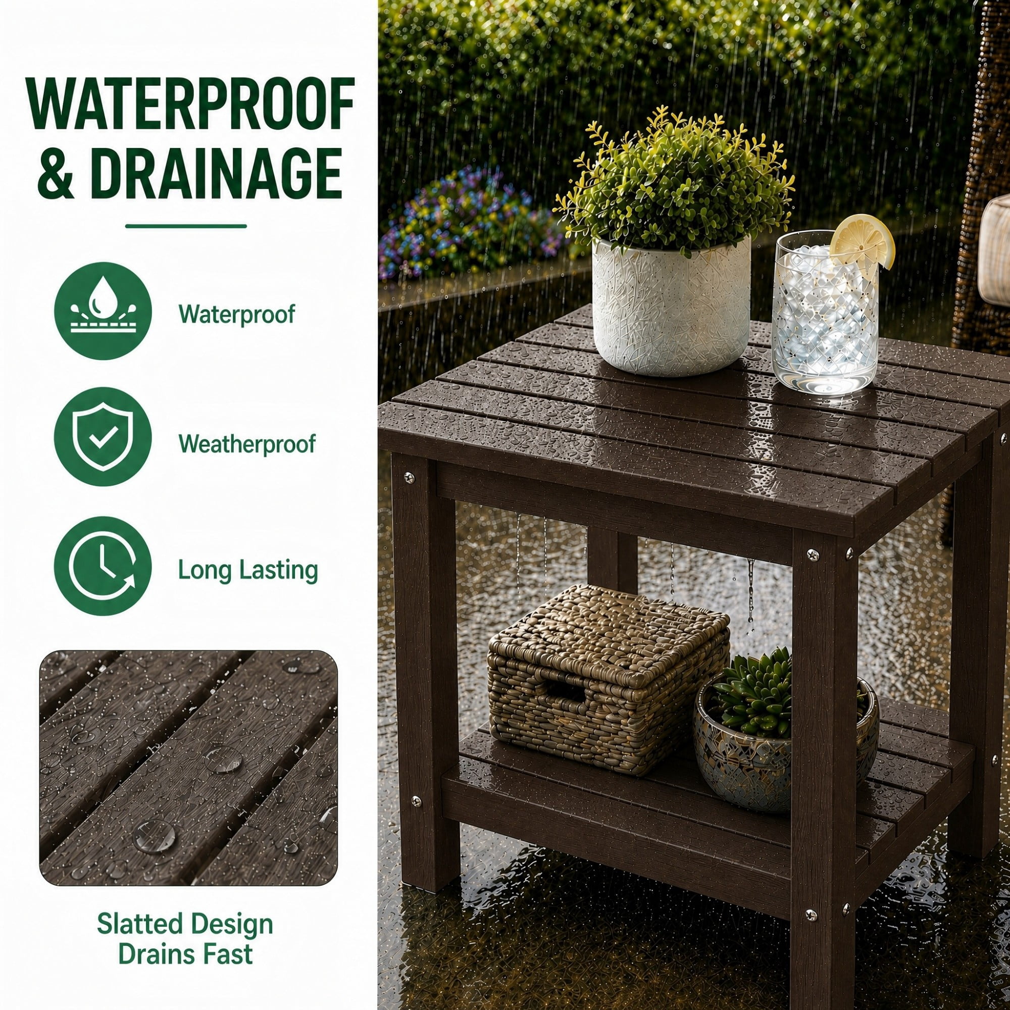 Y&M Outdoor Side Table, HIPS Adirondack Small Double Layer Table, Waterproof Square Balcony Modern End Tables for Patio, Pool, Beach, Porch, Deck, Indoor or Outdoor Use, Coffee