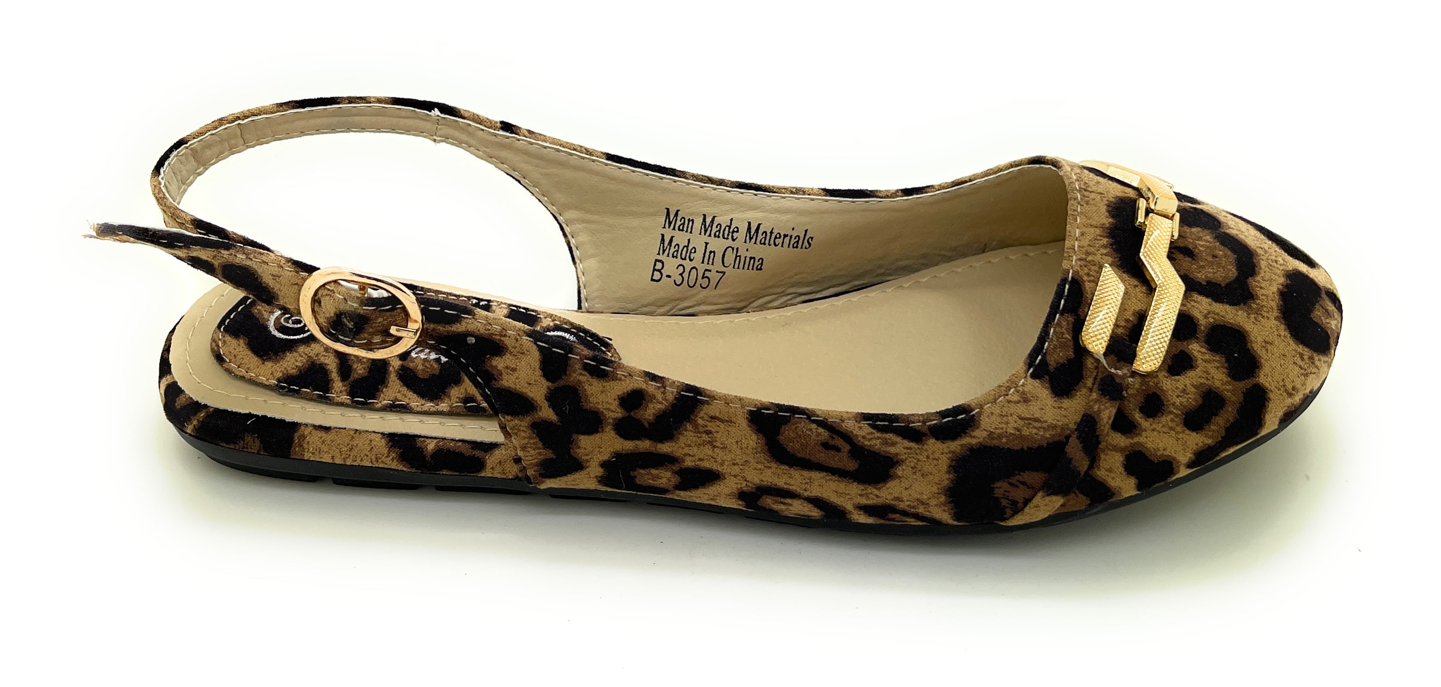 Women’s Leopard Print Slingback Flats – Open Back Pointed Toe Slip-On Shoes with Gold Chain Accent – Stylish Comfortable Casual Dress Flats for Work, Travel, or Everyday Wear