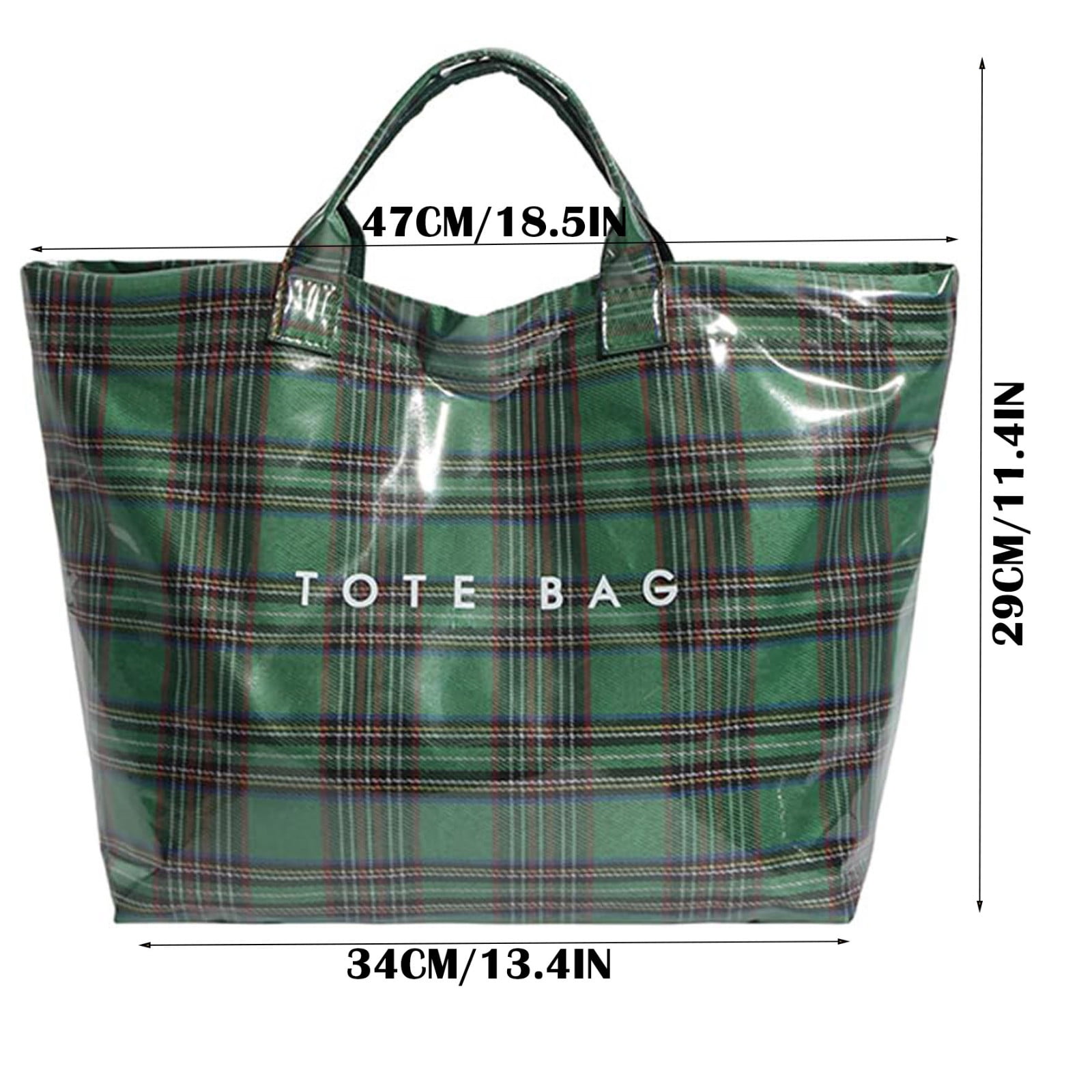 Comefolife Christmas Green Plaid PVC Tote Bag for Women Vintage Christmas Buffalo Check Tote Bag Plastic Handbag