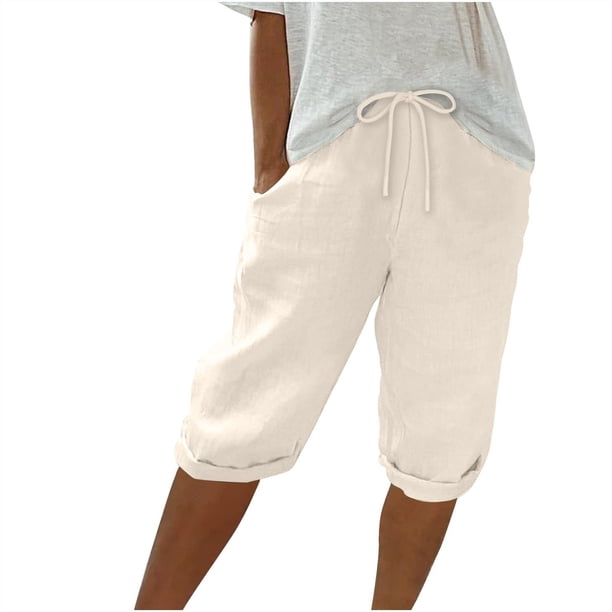 pantalones cortos de lino para mujer pantalones cortos casuales de talle alto pantalones cortos con cordón y bolsillos beige / m
