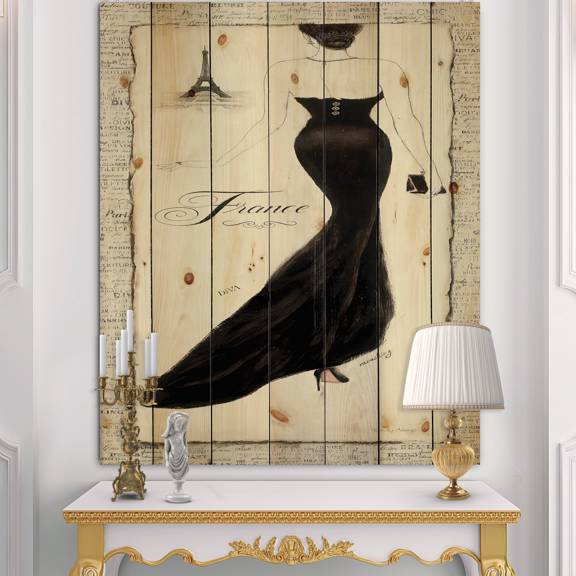 Designart 'Elegance Woman Glam Paris Diva II' Fashion Print on Natural Pine Wood