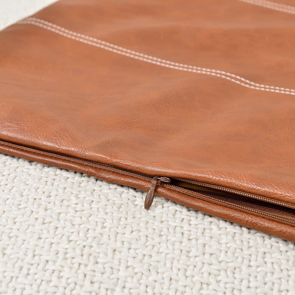 2 Packs Hand Stitched Faux Leather Decorative Throw Pillow Covers 20x20 Inch for Living Room Couch Bed Sofa. Brown Accent Square Cushion Case. Rustic Modern Farmhouse Home Decor