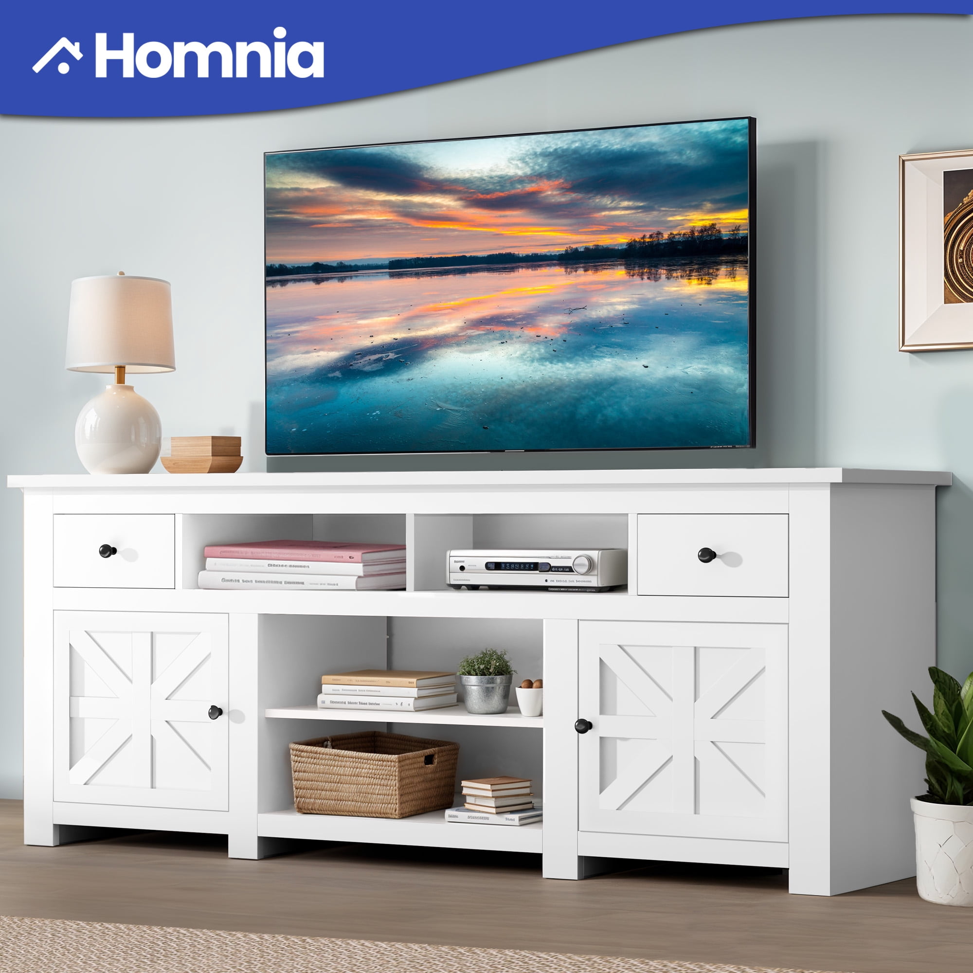 Dextrus Country-style Media Console, TV Cabinet with Built-in Power Socket for Screens up to 80'', Television Stand with Adjustable Divider & Drawer Storage, Vintage TV Unit for Lounge, White