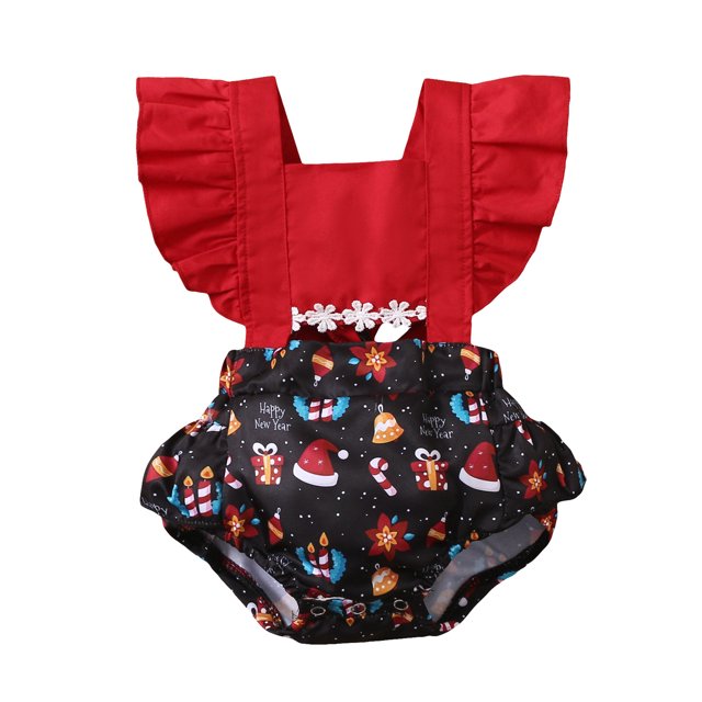 Kmbangi Baby Girls Christmas Romper, Cartoon Printed Splicing Frilly Jumpsuit