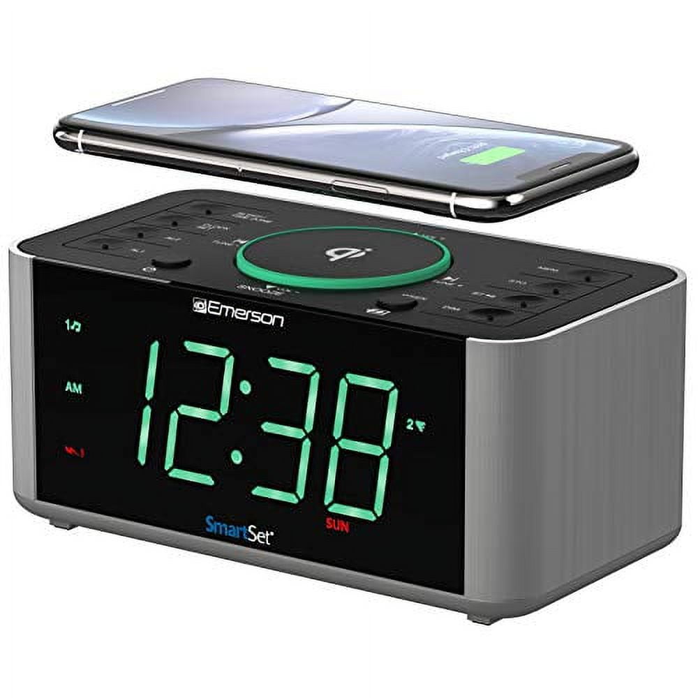 Emerson Alarm Clock Radio and Wireless Charger with Bluetooth, Compatible with iPhone XS Max/XR/XS/X/8/Plus, 10W Galaxy S10/Plus/S10E/S9, All Qi Compatible Phones, ER100202