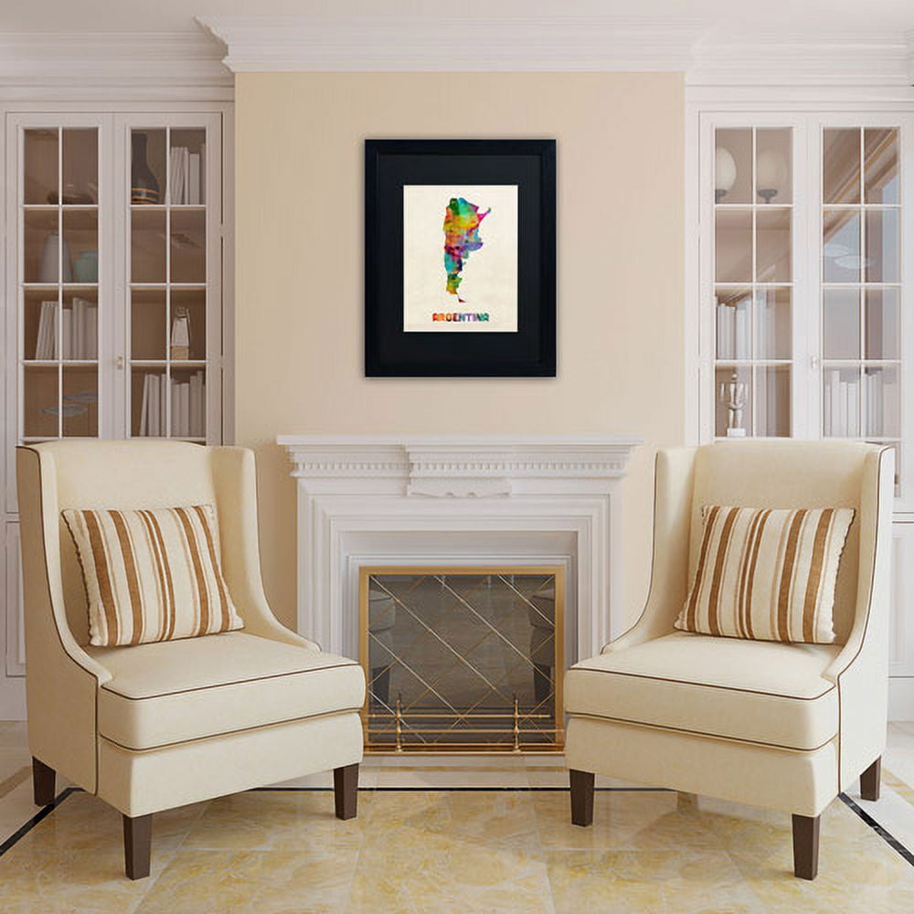 Trademark Fine Art "Argentina Watercolor Map" Canvas Art by Michael Tompsett, Black Matte, Black Frame