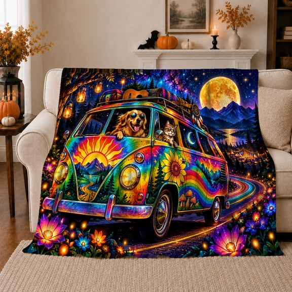 Hippie Van Road Trip Adventure Under Starry Night, Mystical Woodland Scene, Warm Flannel Blanket for Cabin and Lodge, Animal Lovers Camping Gift, Fantasy Home Decor