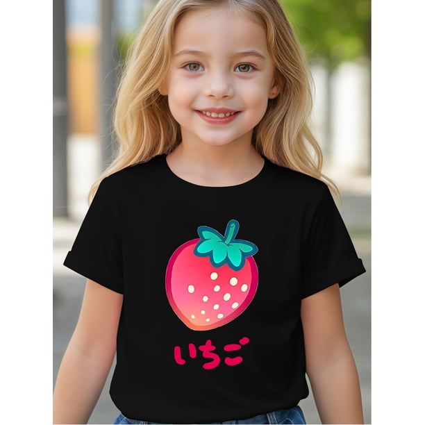 Adorable Strawberry & Japanese Print Cotton T-Shirt for Girls - Comfy Crew Neck, Short Sleeve Summer Top with Playful Red & Pink Design, Casual Knit Fabric, Perfect for Casual Attire