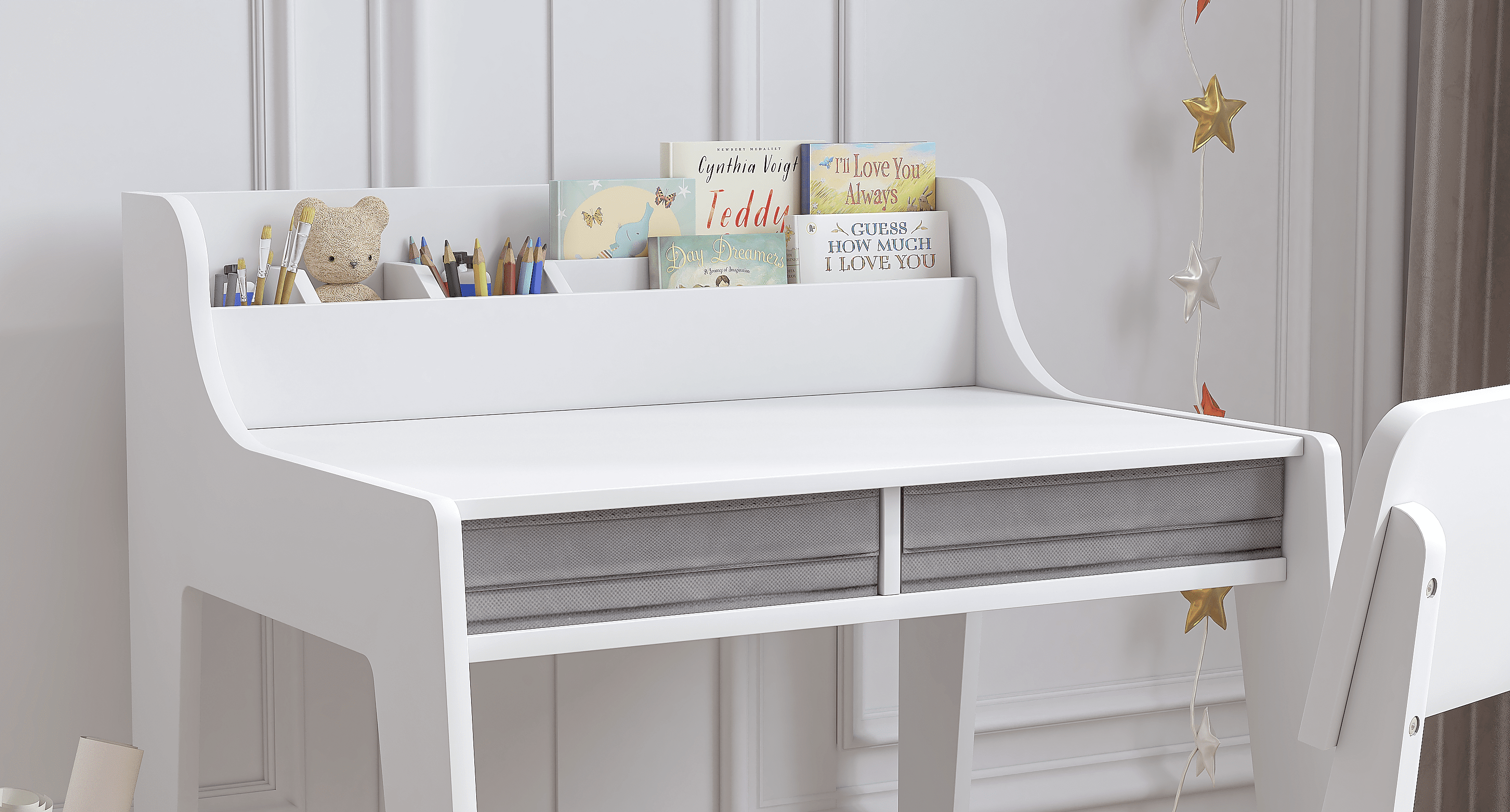 STAROUS Kids Study Desk with Storage Bin, White Activity Table and Chair Set