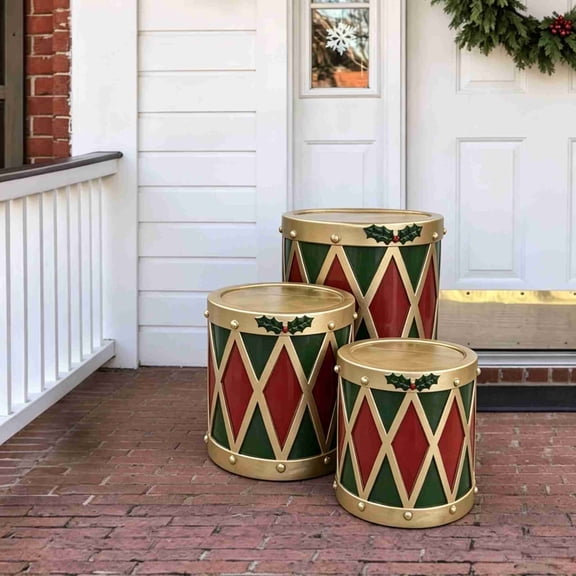Christmas Drum Decoration, 7.87 Inch Blow Molded Plastic with Holly Accent and Stud Detailing, Festive Indoor and Outdoor Holiday Display, 7.87 x 7.87 In - C