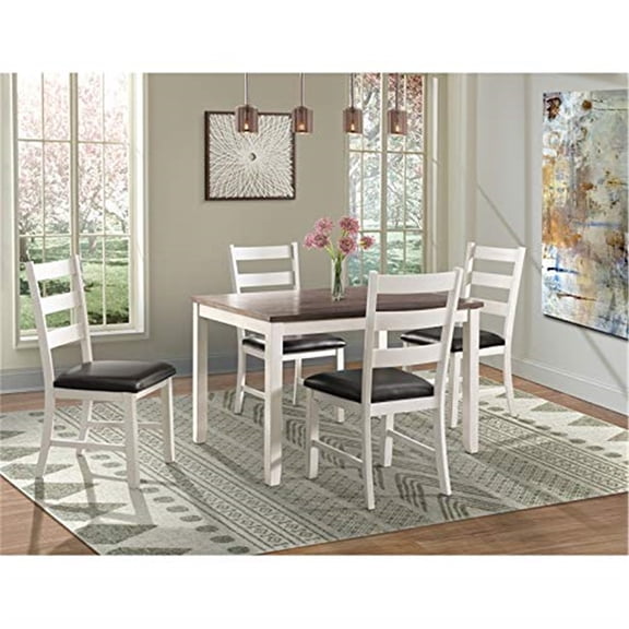 Homestock French Country 5Pc Dining Set With Walnut Table Top, Ladder-Back Chairs In Chocolate Upholstery, Two-Tone White And Walnut Finish, 48" W X 36" H Table