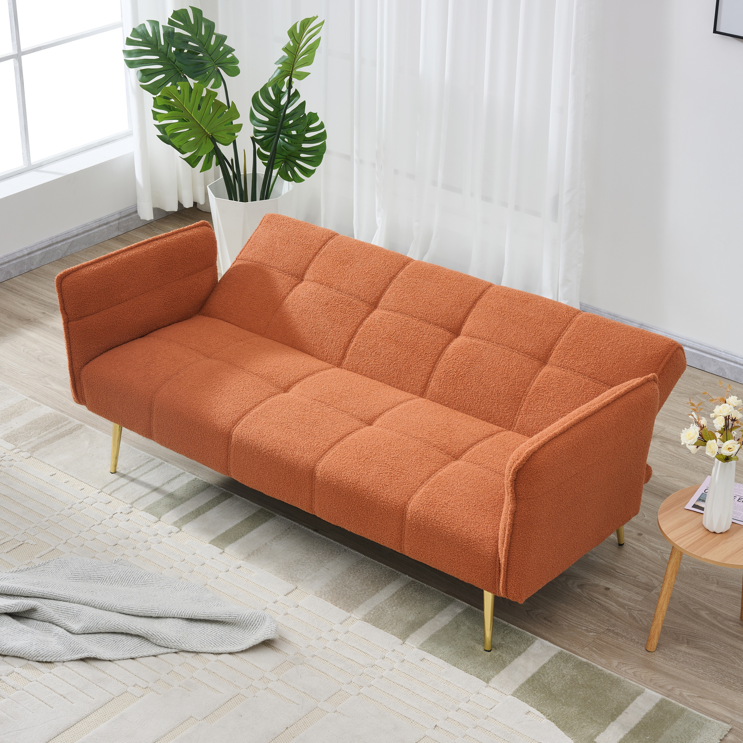 CARZZI 70" Upholstered Teddy Loveseat Sofa, Convertible Futon Sofa Couch with Adjustable Arms, Deep Seat 2 Seater Comfy Cushion Love Seat for Small Space Living Room Bedroom Apartment, Orange