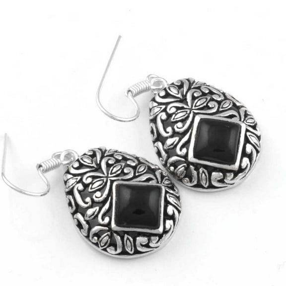 925 Sterling Silver Overlay Women Jewelry Black Onyx Gemstone Earring