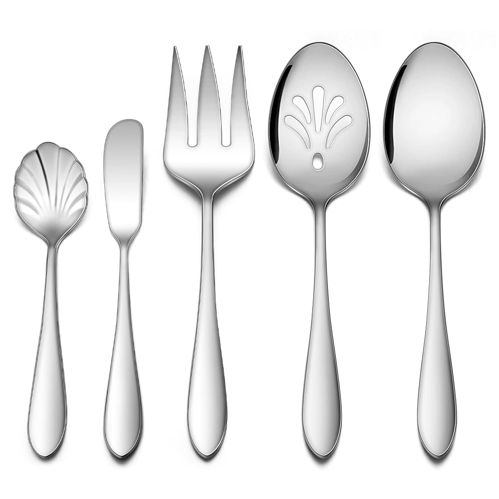 Walchoice 5 Pieces Serving Utensils Set, Stainless Steel Hostess Set for Banquet Buffet Gathering, Includes Slotted Spoon/Serving Spoon/Serving Fork, Mirror Polished & Dishwasher Safe
