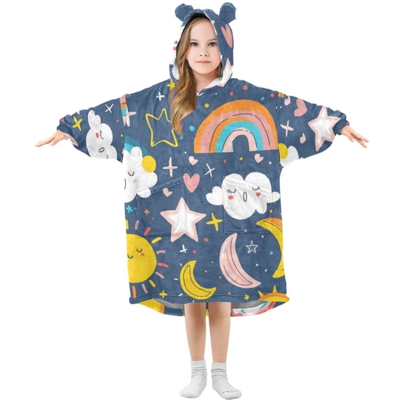 Moon Sun Clouds Rainbows Stars Flannel Wearable Blankets Hooded Design Long Sleeves Wrap Unisex for 3T-14Y S