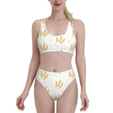 Fotbe Wheat Women s High Waisted Bikini Tankini Sets Two Piece Bathing Suits High Cut Scoop Neck Swimsuit-X-Large
