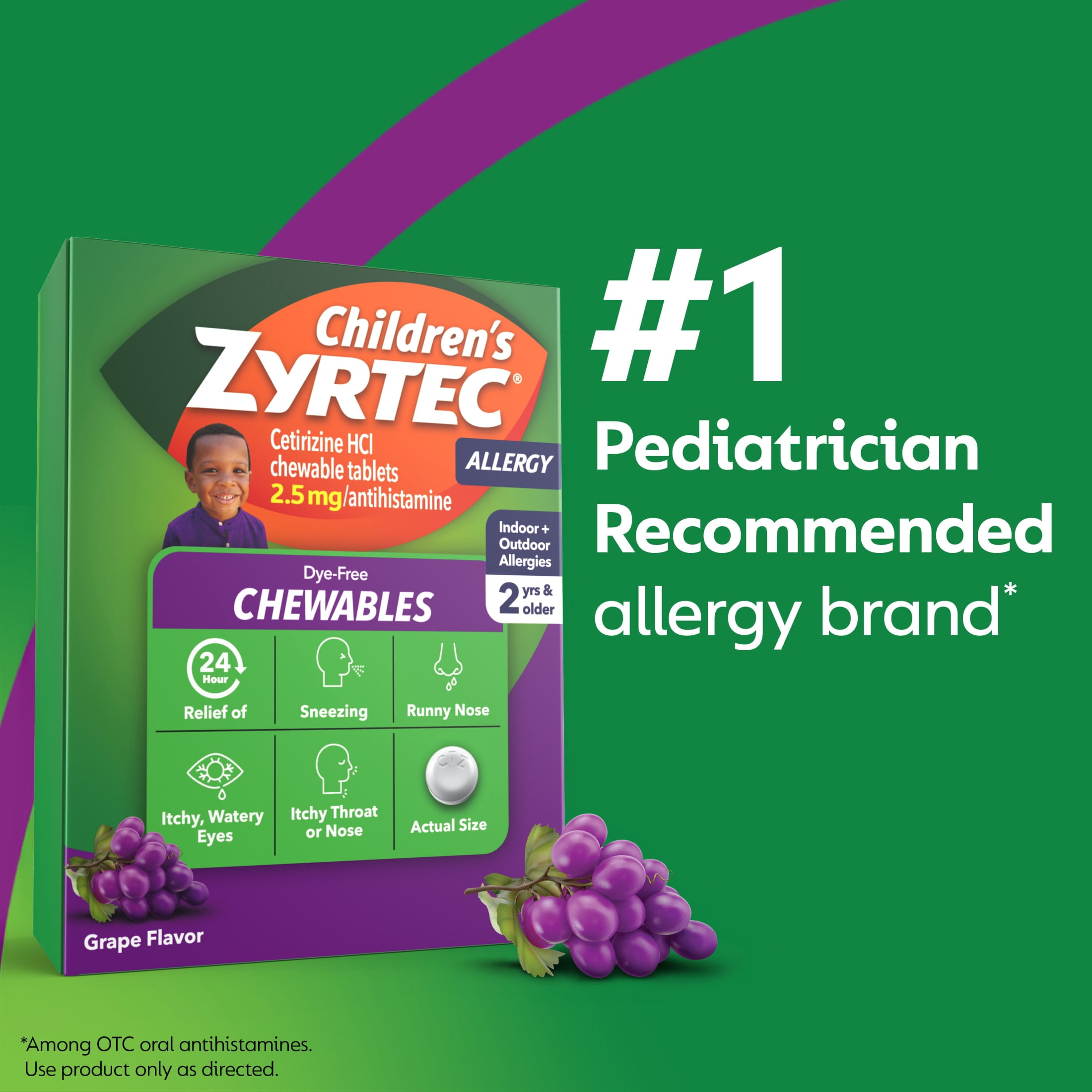 Children's Zyrtec 24 Hr 2.5 mg Allergy Chews for Ages 2+, Grape, 24 Count