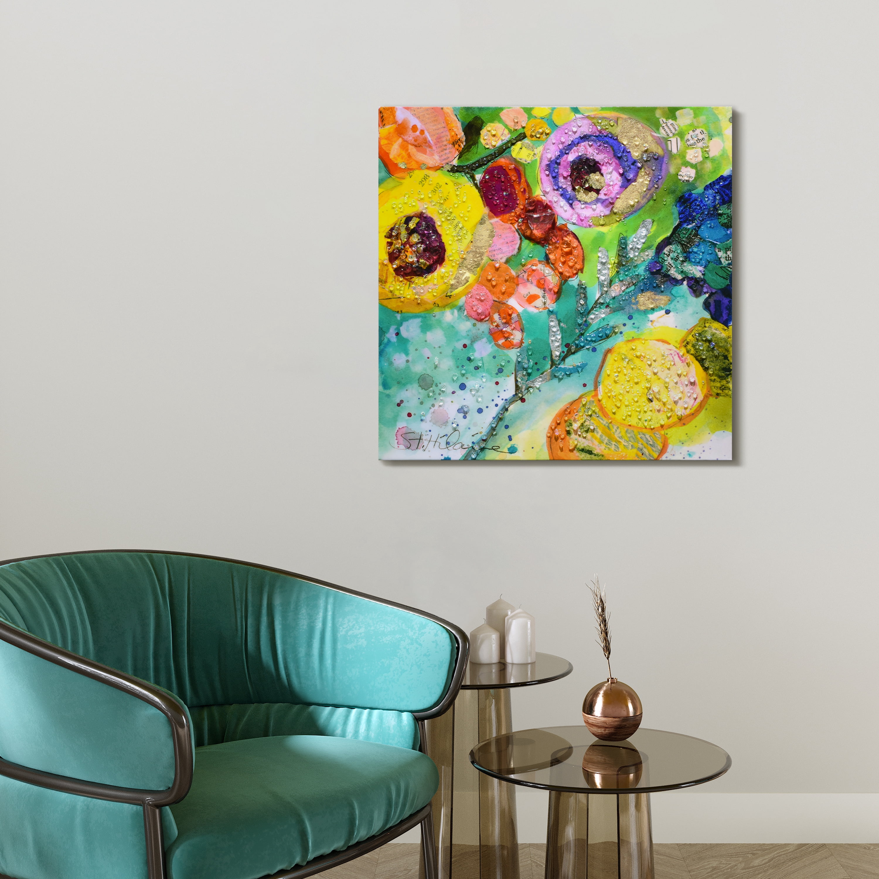 "Floral Radiance I & II" Crystallus Epoxy Coated Wrapped Glossy Canvas Wall Art with Heavy Acrylic Crystal Shards Embellishments, Gold Foil Accents