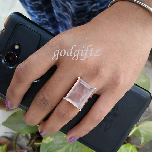 Handmade Rose Quartz Ring: 925 Sterling Silver Cocktail Ring
