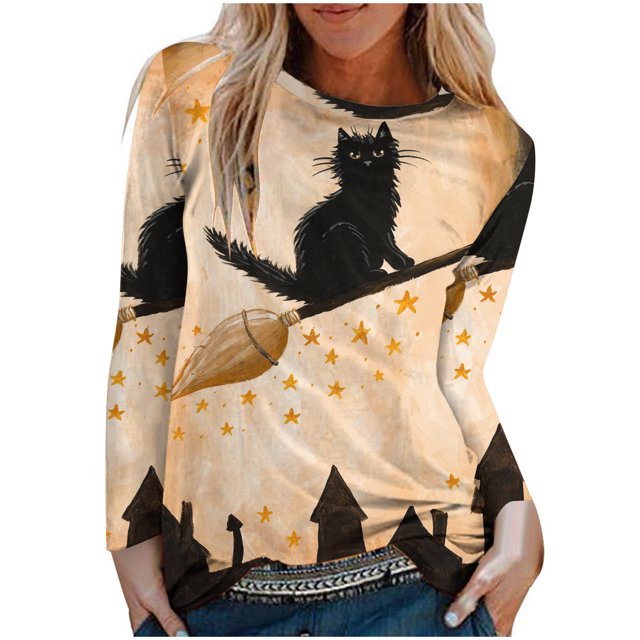 Camisas Para Mujer, Camisetas de Gran Tamaño, Camiseta Informal de Moda de Cosplay de Manga Larga, Jersey Fruncido de Cuello Redondo Estampado, Blusa, Tops Odeerbi ODB136090